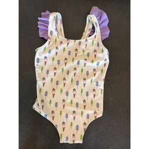Giggle Ice Cream Pattern Kids Swimsuit with Lilac Ruffles size 4T